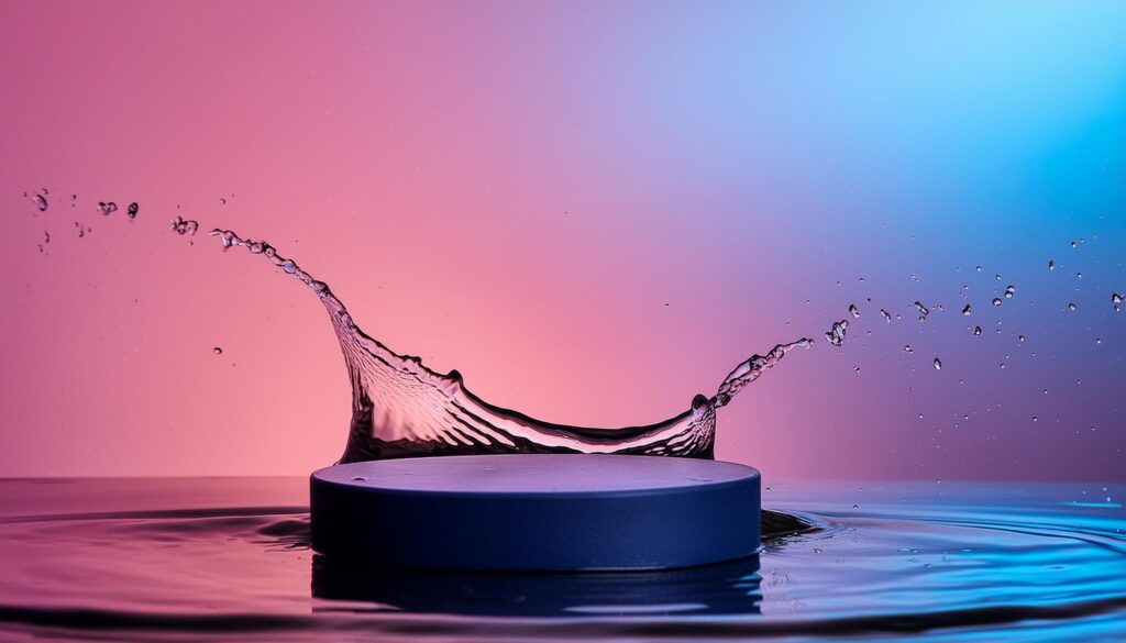 empty blue podium mockup with water splash on a gradient background for product display Stock Free