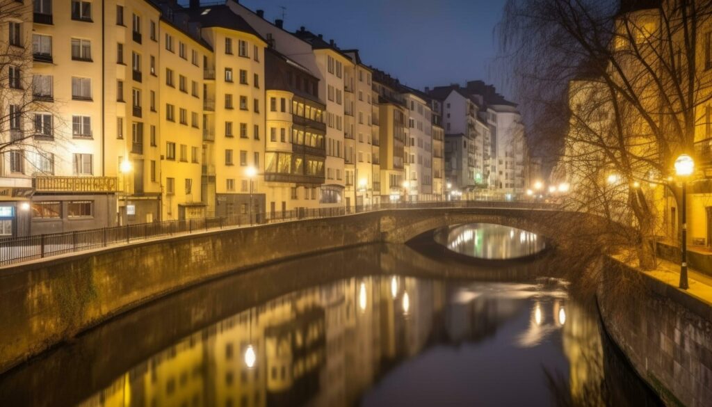 Illuminated bridge reflects on canal, a famous cityscape at dusk generated by AI Stock Free