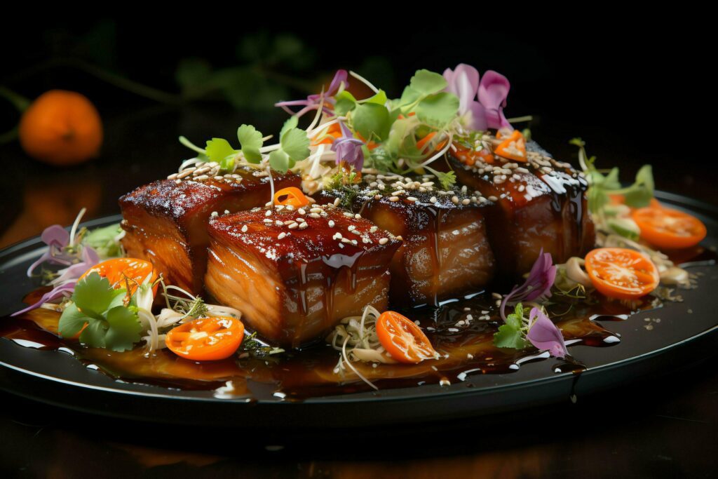 A delicious crispy pork belly fancy on plate. Restaurant food and asian cuisine concept by AI Generated Stock Free