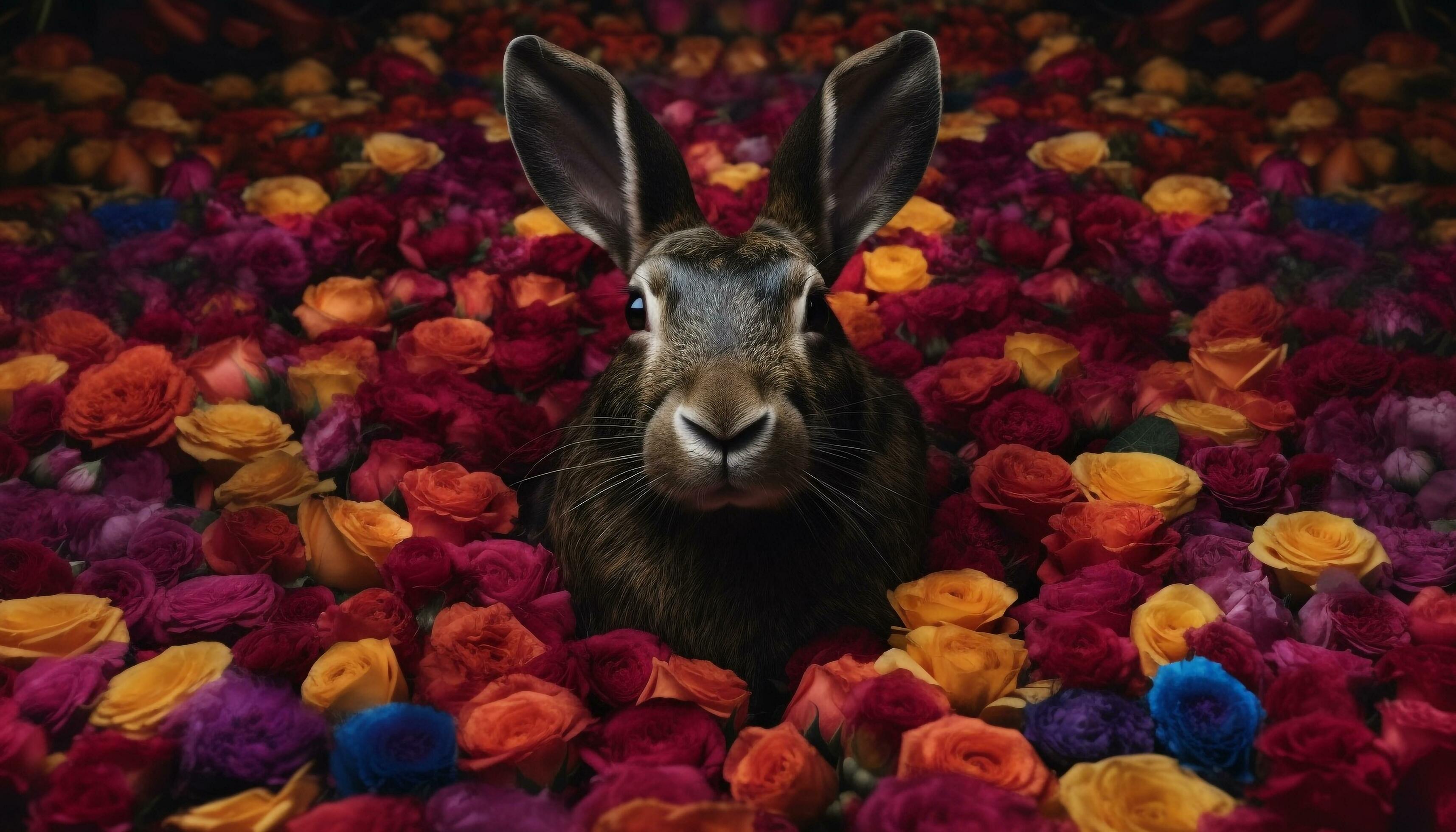 Fluffy baby rabbit sniffs tulip flower head generated by AI Stock Free