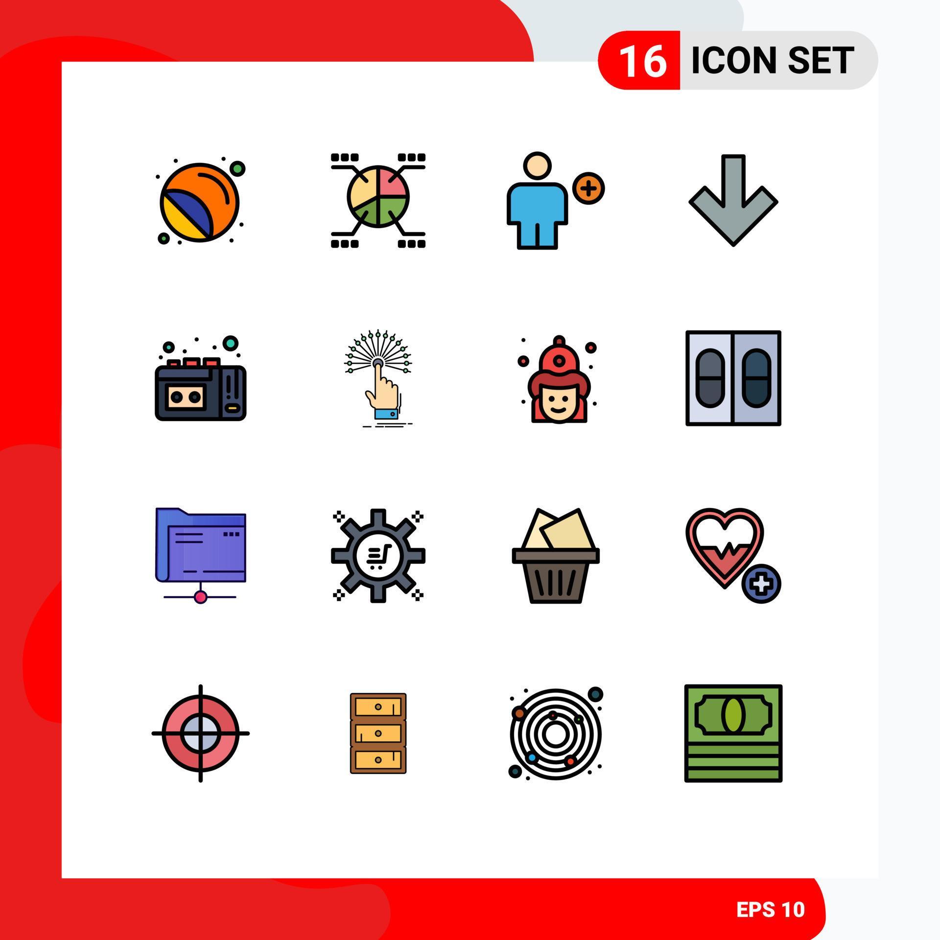 Group of 16 Flat Color Filled Lines Signs and Symbols for tape recording down statistics arrow human Editable Creative Vector Design Elements Stock Free