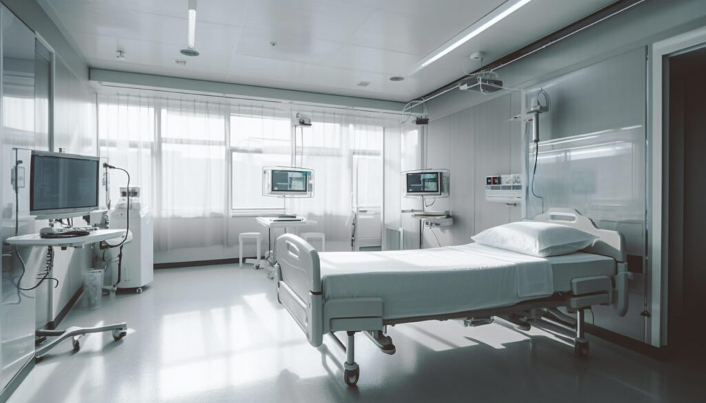 Modern hospital ward with empty beds and advanced medical equipment generated by AI Stock Free