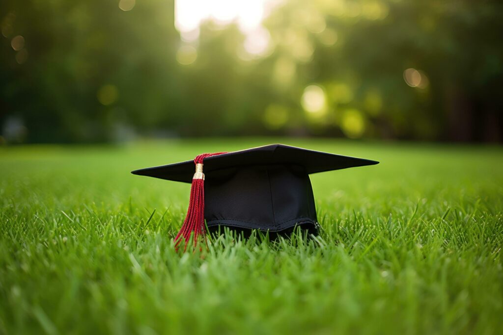 Graduation cap on green grass. Education concept. Copy space, graduation hat lies on green grass, AI Generated Stock Free