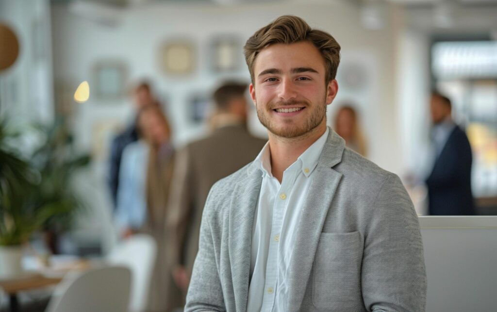 A male employee wearing comfortable work clothes stands in the office generated by AI. Free Photo