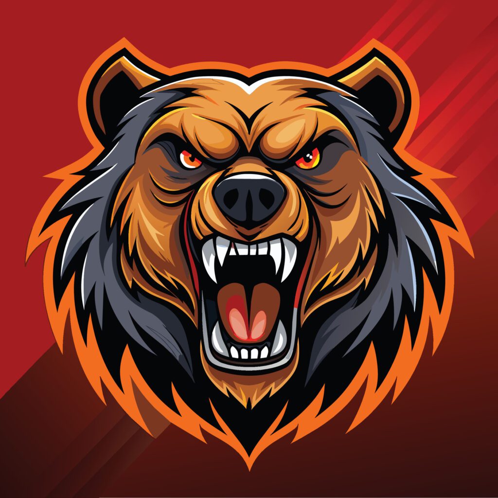 Illustration of an intense, angry bear head against a vibrant red background, Intense Angry Bear Head Logo, Striking Illustration Free Vector