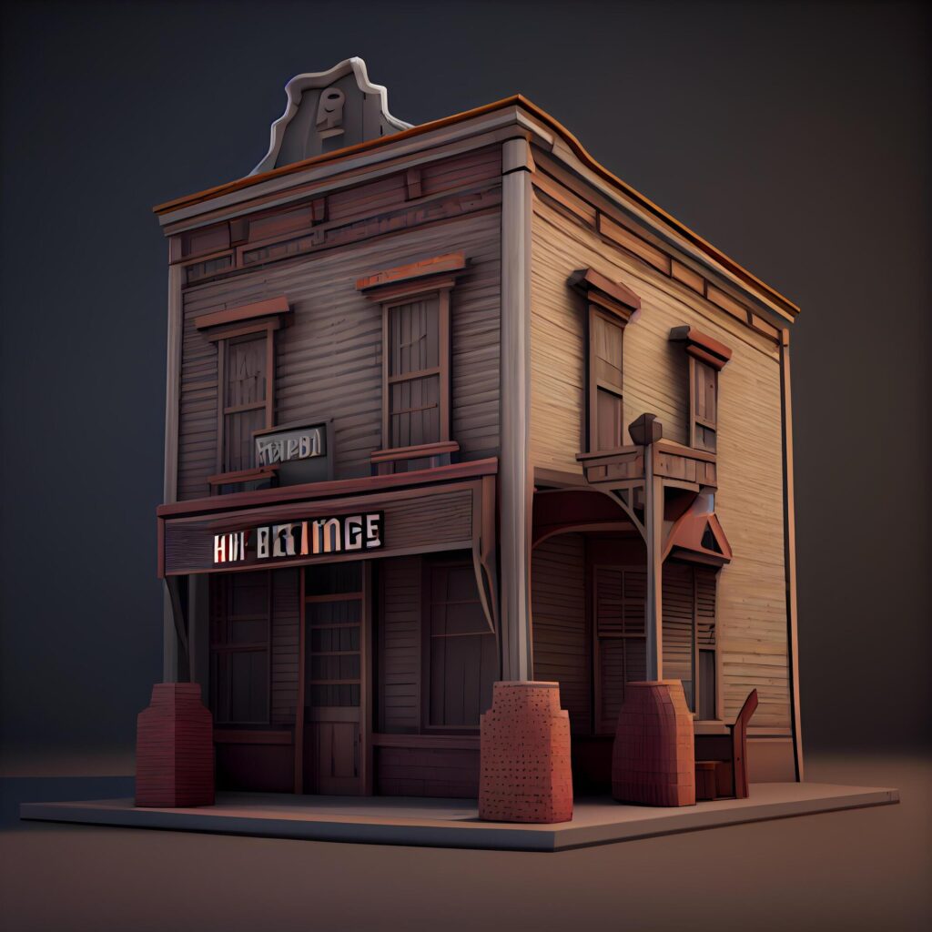 3D illustration of an old western style pub with a wooden facade, Image Stock Free