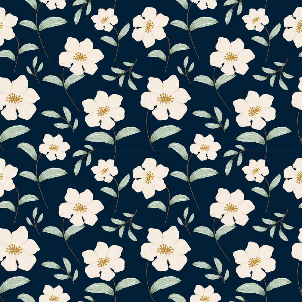 Seamless pattern with flowers concept in the dark blue backdrop Free Vector