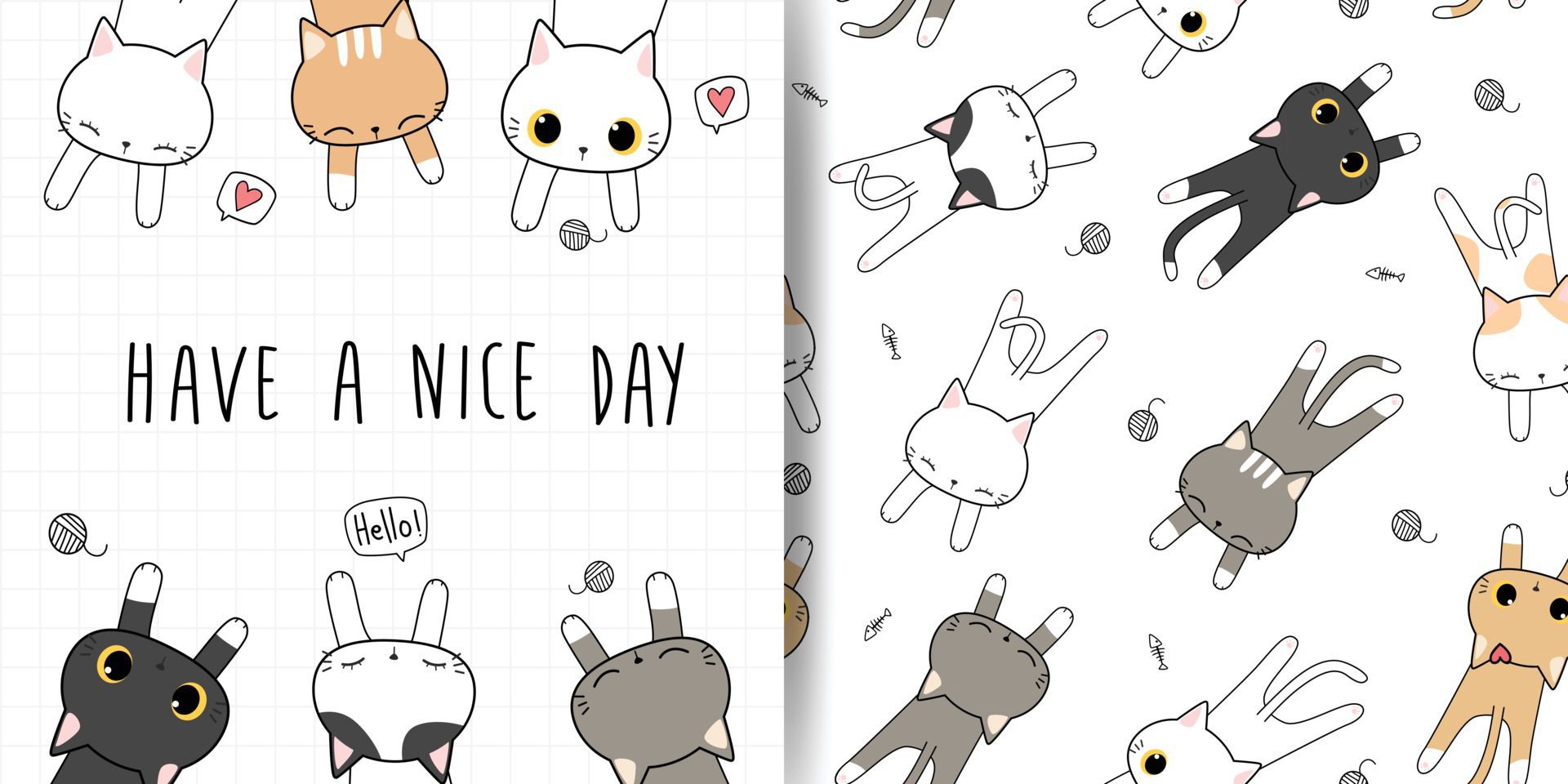 Cute cat kitten cartoon doodle card and seamless pattern bundle Free Vector