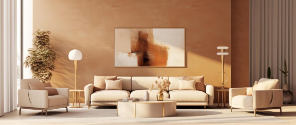 3D design of living room in beige colors. Illustration Stock Free