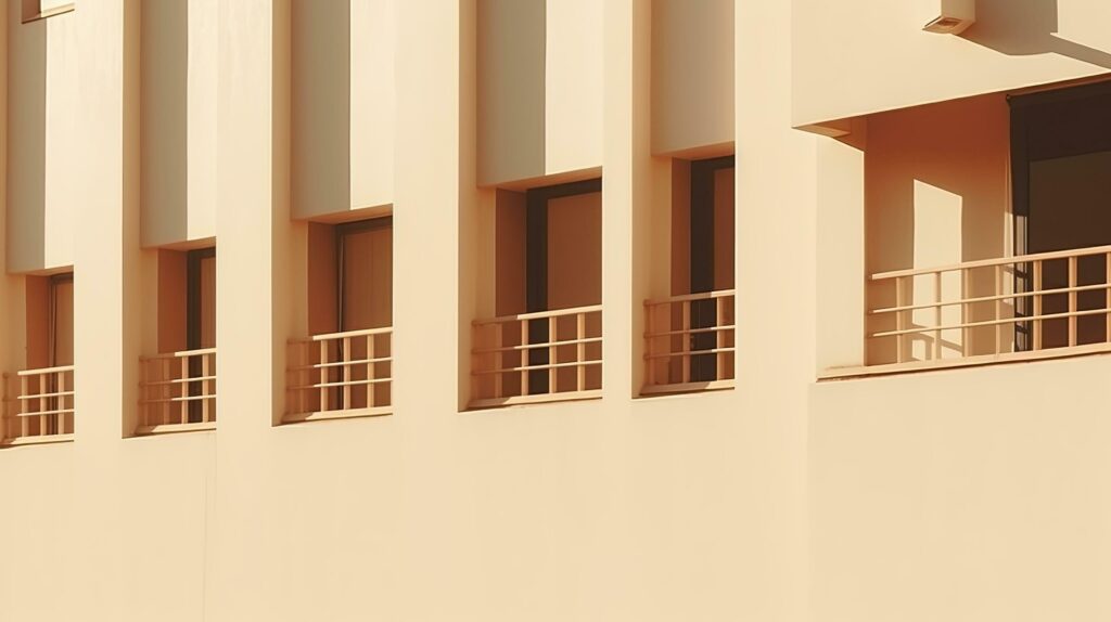 Contemporary Eastern architecture with beige walls windows and sun shadows showcasing minimal aesthetic abstract design. silhouette concept Stock Free