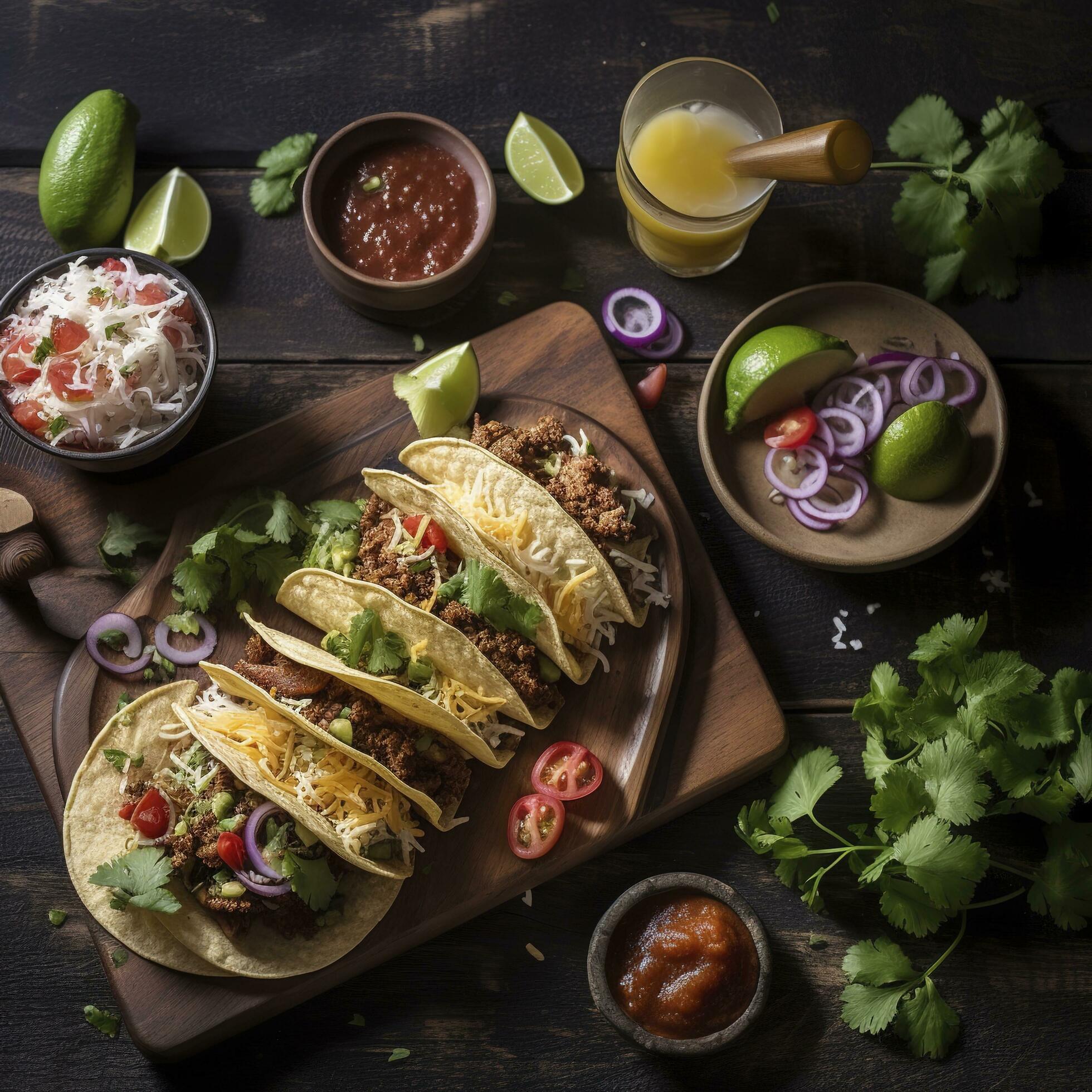 Mexican food corner border, top-down view over a dark banner background. Tacos, quesadilla, burritos and nachos. Copy space, generate ai Stock Free