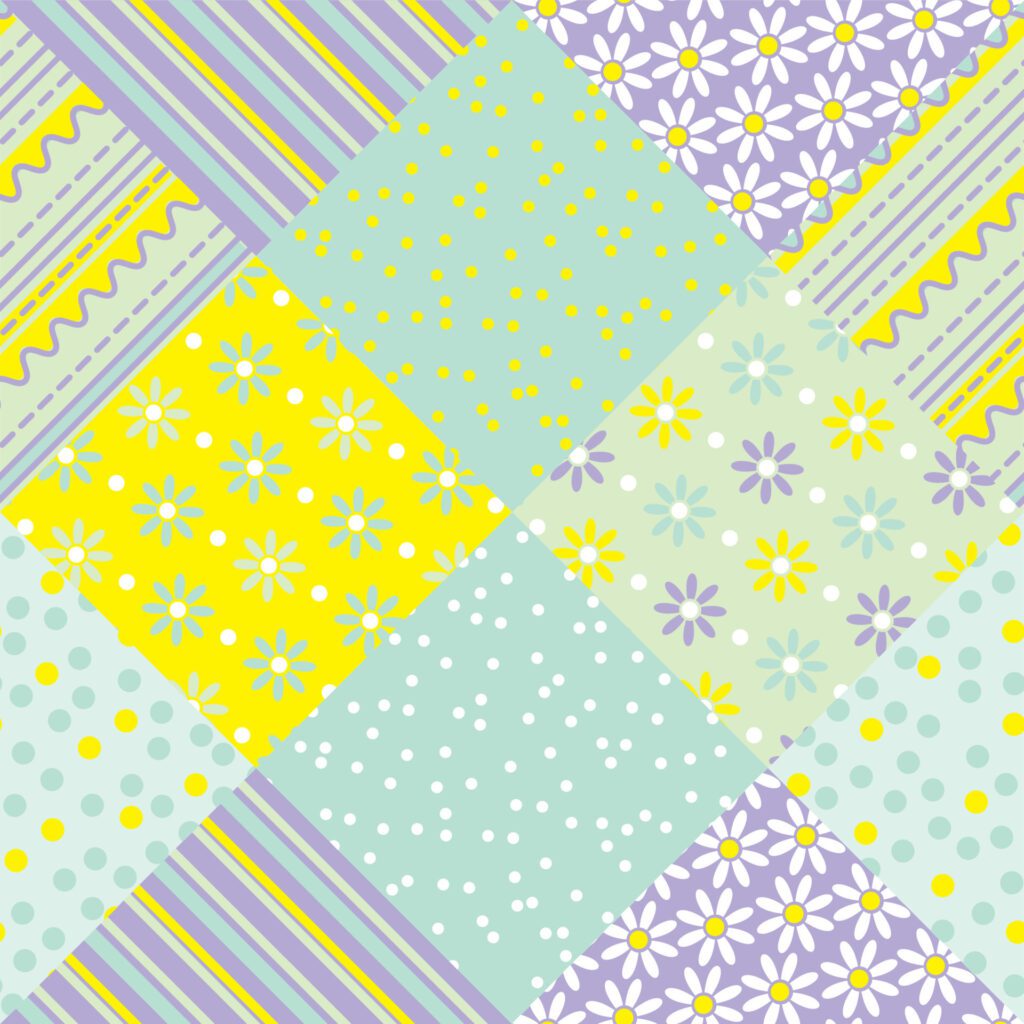 yellow and green pastel color patchwork vector seamless pattern. flower and polka dot fabric motif Free Vector