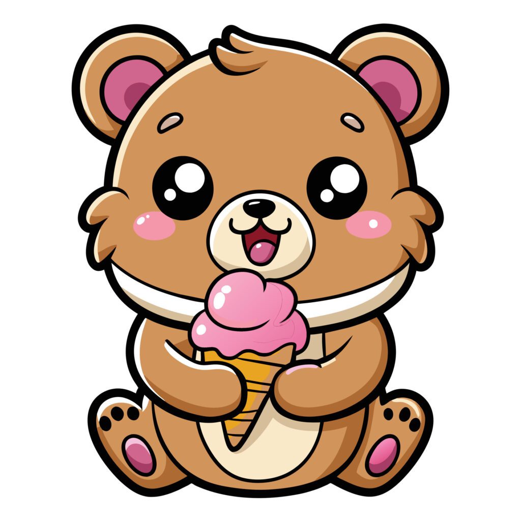 a cute kawaii bear eating ice cream, with clean black outlines, white background Free Vector