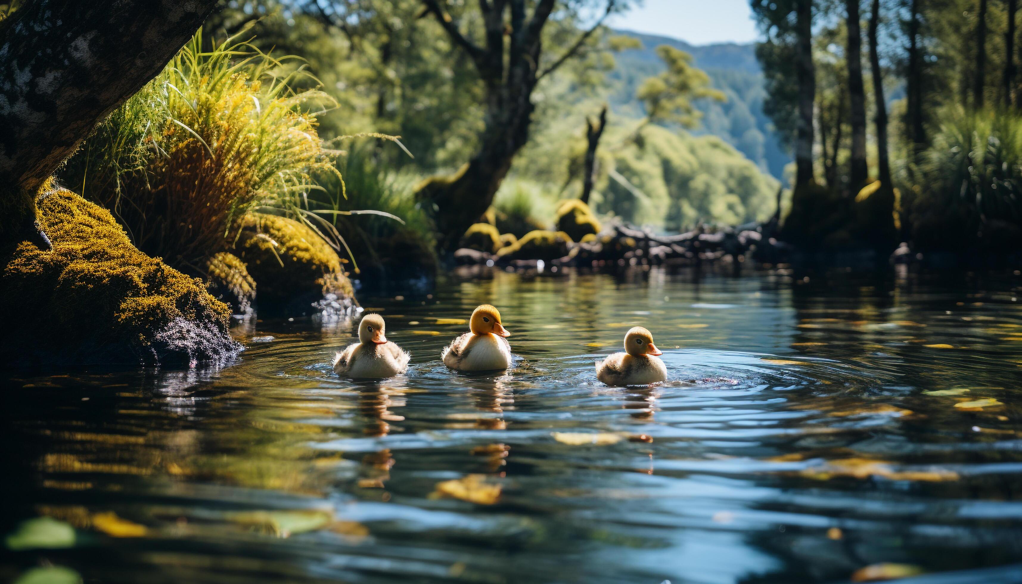 AI generated Duck family swimming in tranquil pond, surrounded by nature generated by AI Stock Free