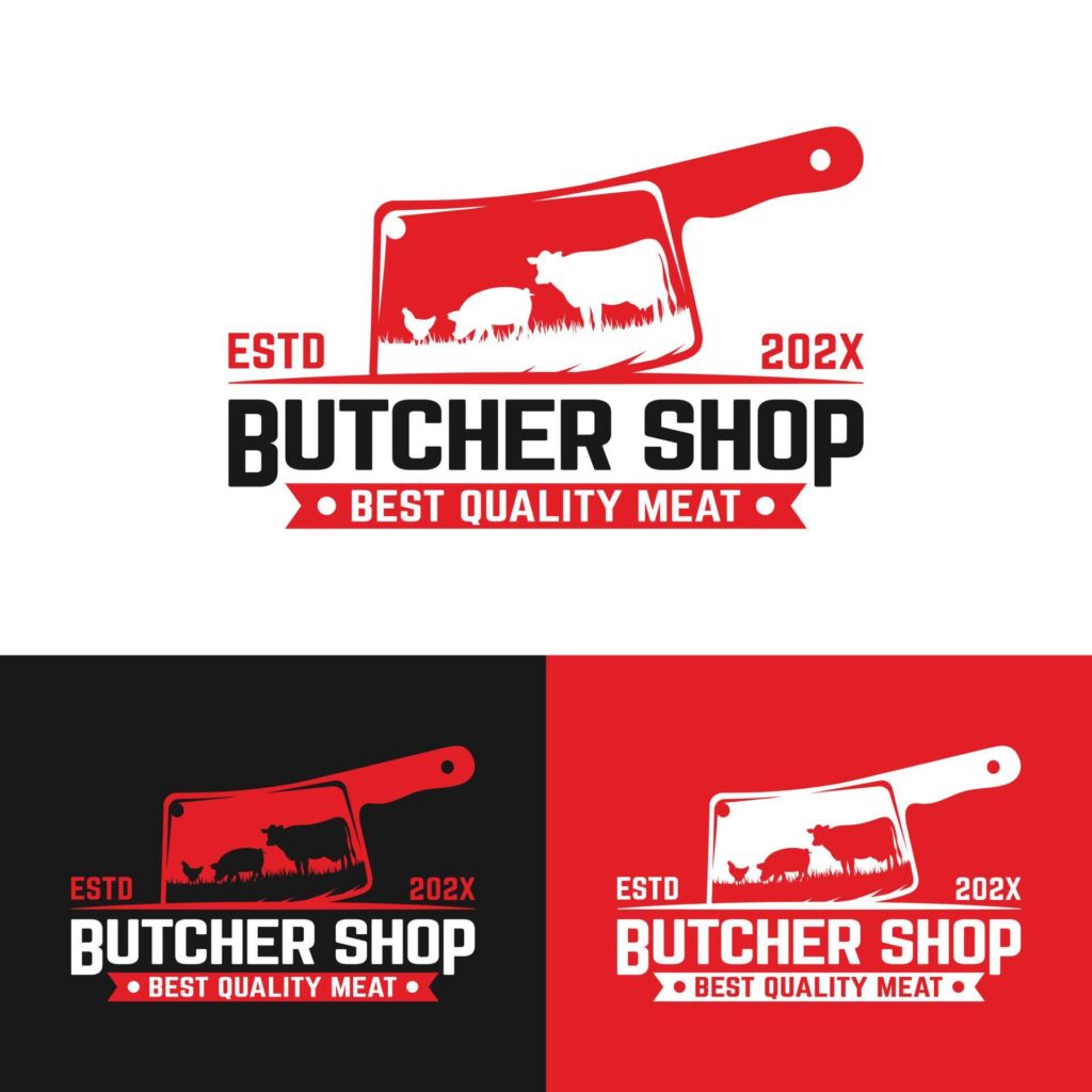 Meat Knife with Cow Pork Chicken Vintage Logo Design Template Stock Free