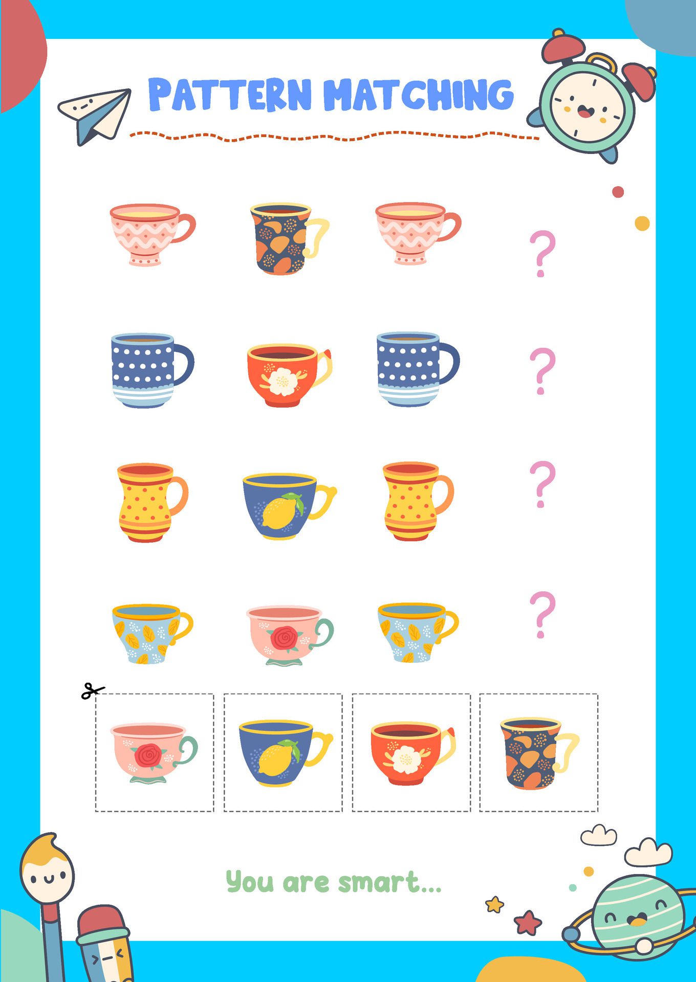 Matching pictures to patterns. Activity worksheet Free Vector