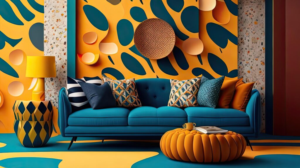 Modern interior of living room with blue sofa, orange and yellow carpet, 3d render. Stock Free