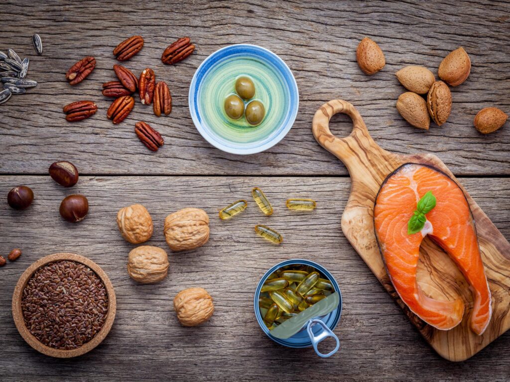 Top view of super foods on wood Stock Free