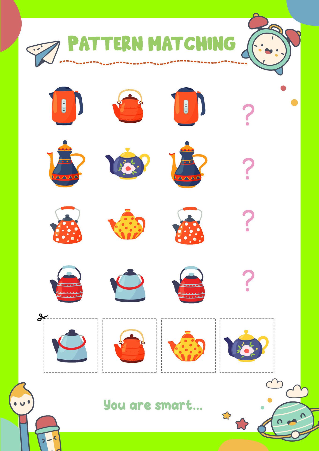 Matching pictures to patterns. Activity worksheet Free Vector