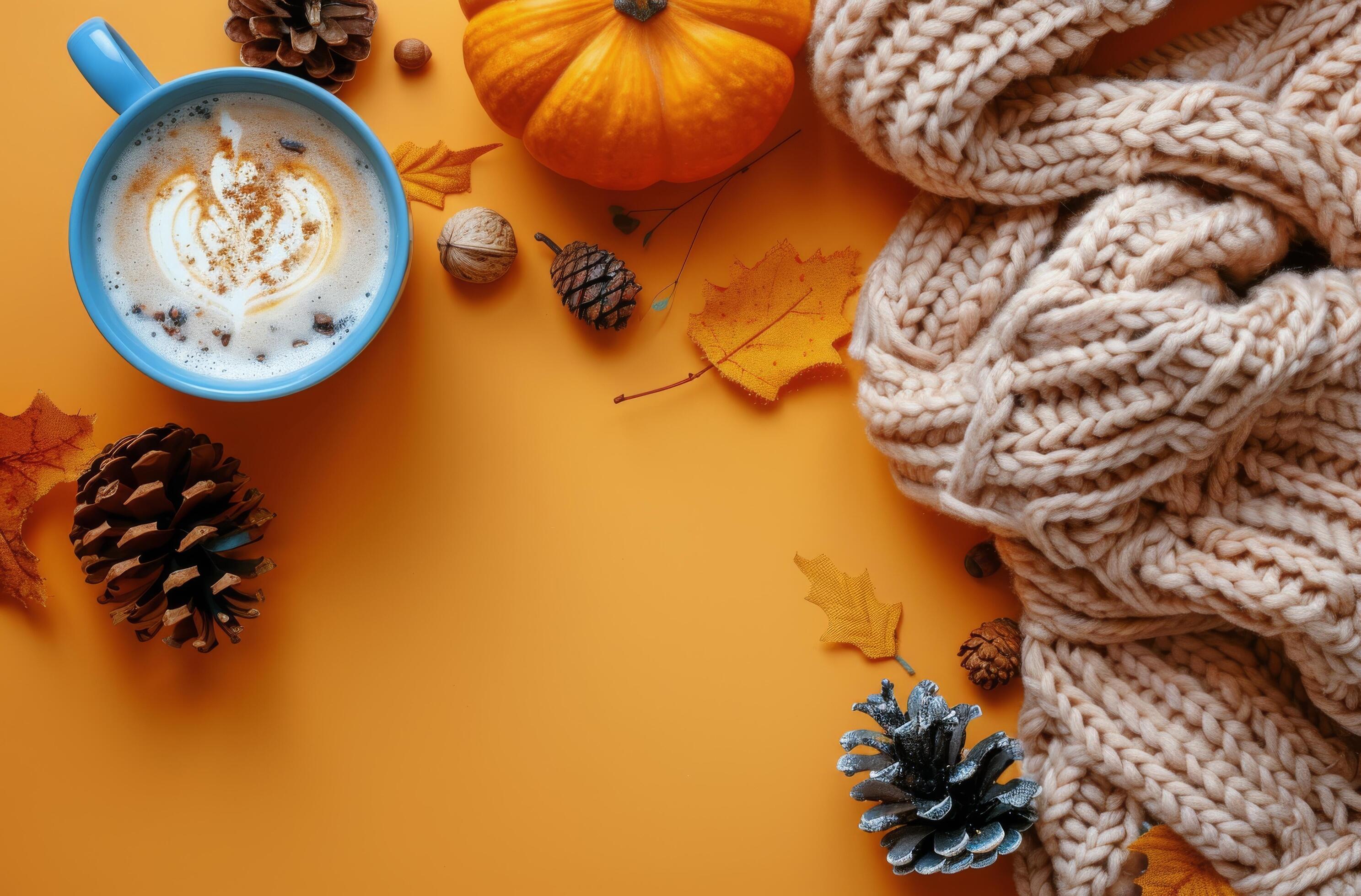 Cozy Autumn Scene With Knitted Scarves, Pumpkins, And A Cup Of Coffee Stock Free