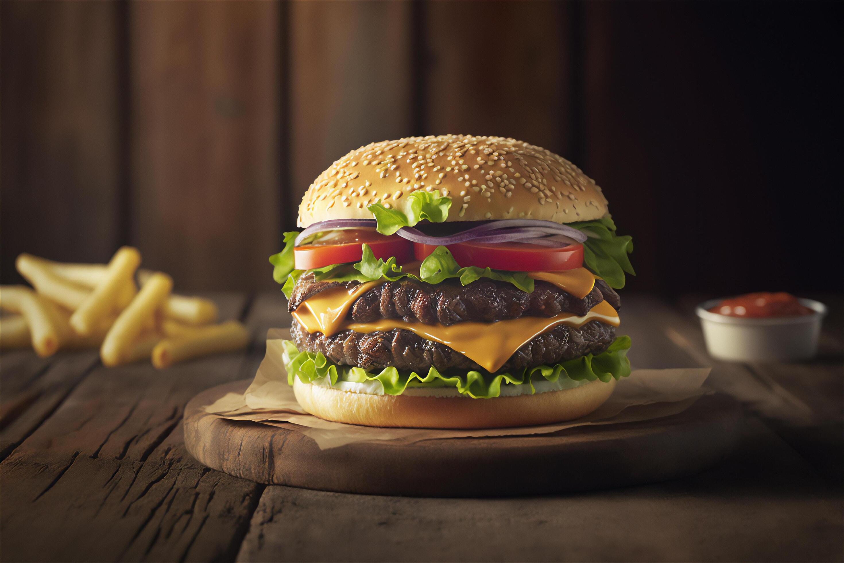 Tasty homemade hamburger on rustic wooden table. Copy space. Advertising. . Fast food snack Stock Free