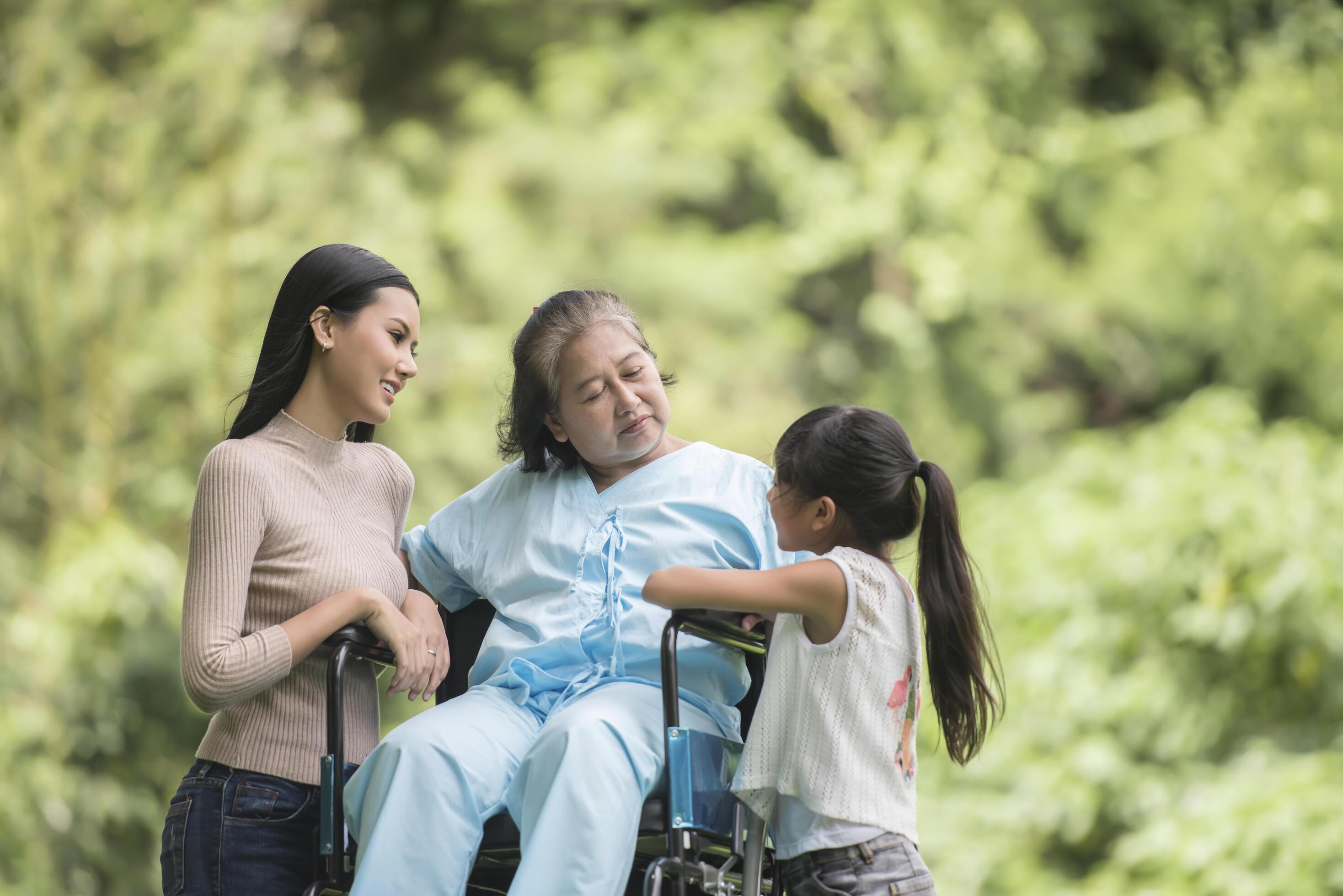 Happy grandmother in wheelchair with her daughter and grandchild in a park, Happy life Happy time. Stock Free