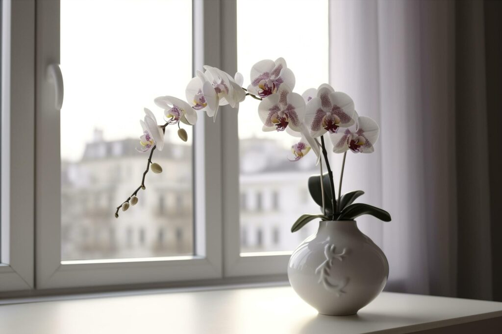 Vase with orchid flowers on white table near window indoors , generate ai Stock Free