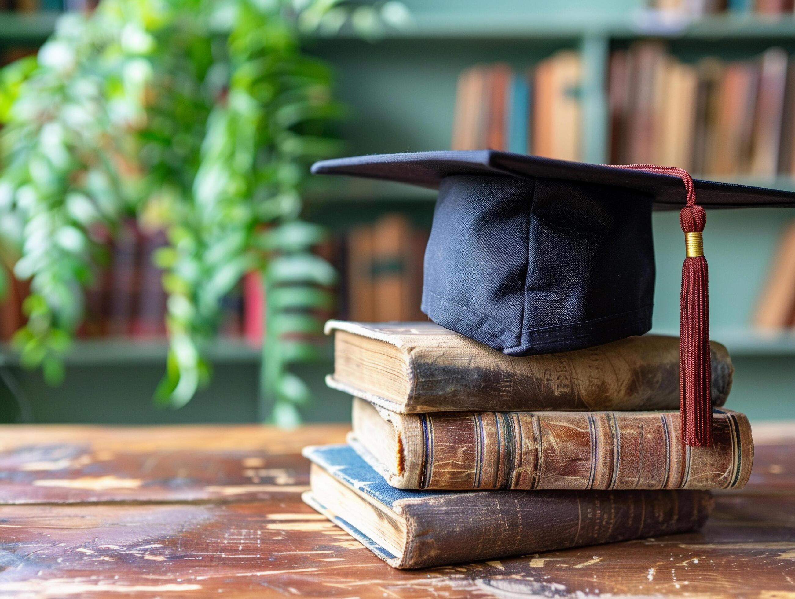 A graduation bachelor cap on a stack of book, knowledge and education concept. Stock Free