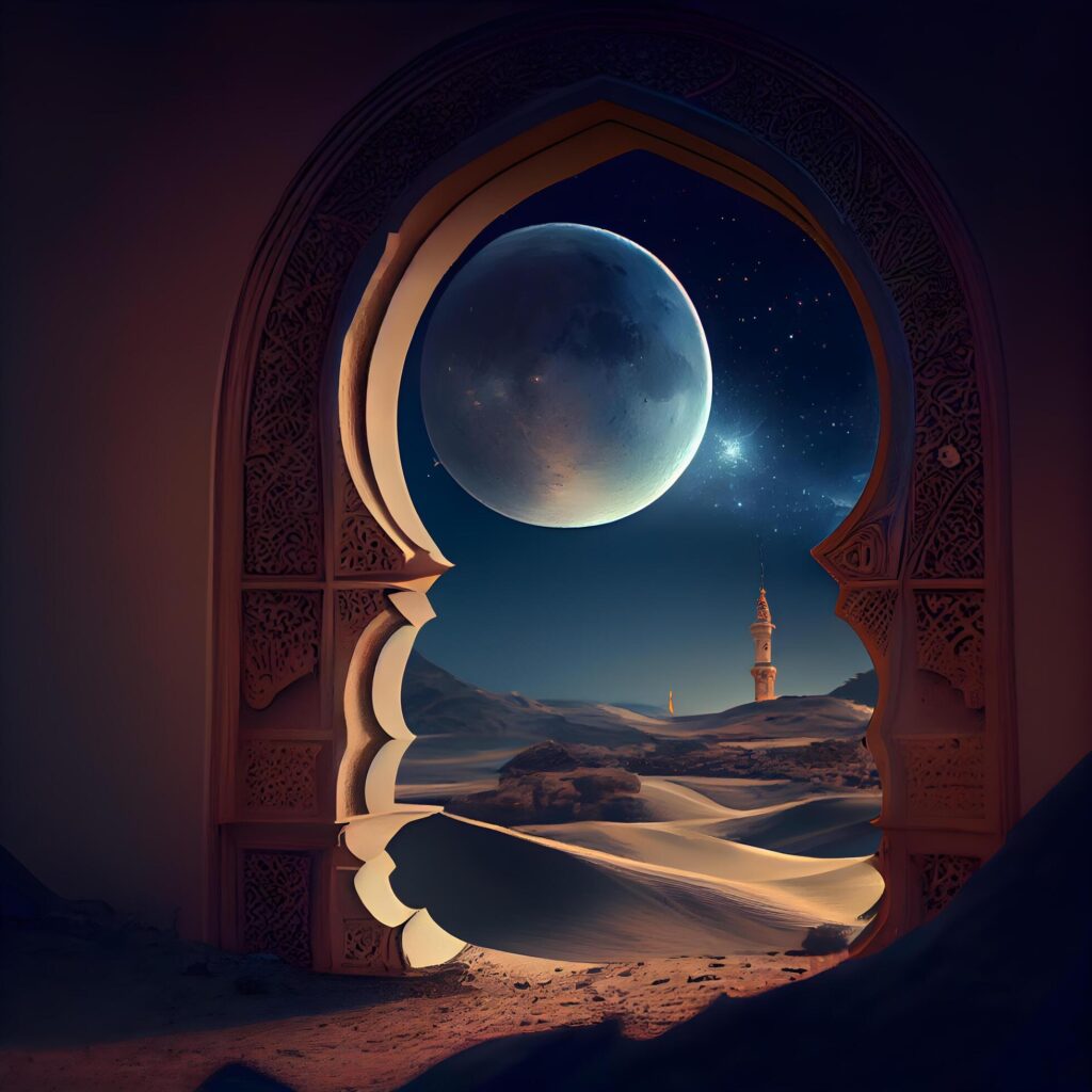 3d illustration of an arabic window with moon and stars, Image Stock Free