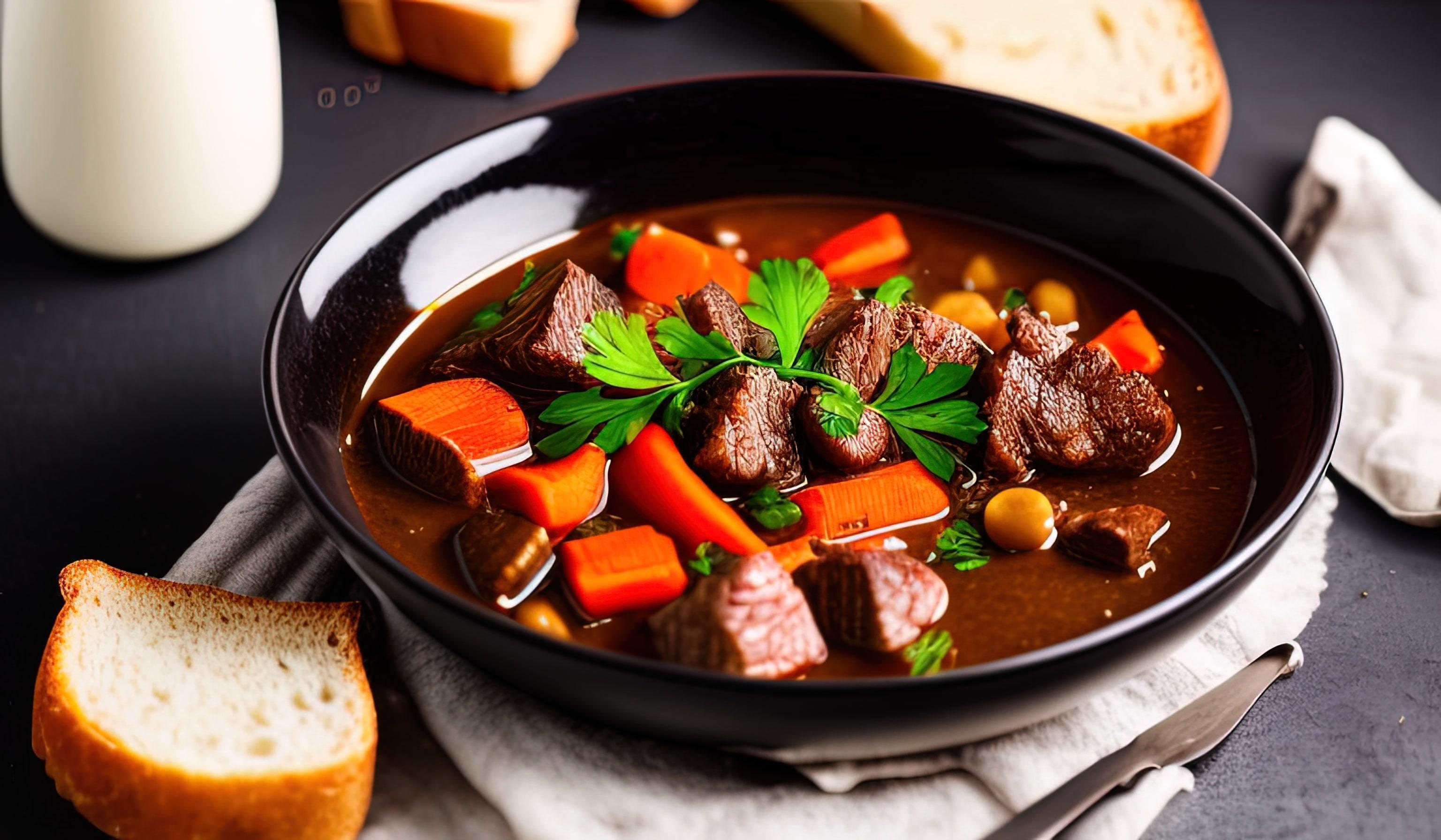 professional food photography close up of a a bowl of beef stew with bread on the side Stock Free