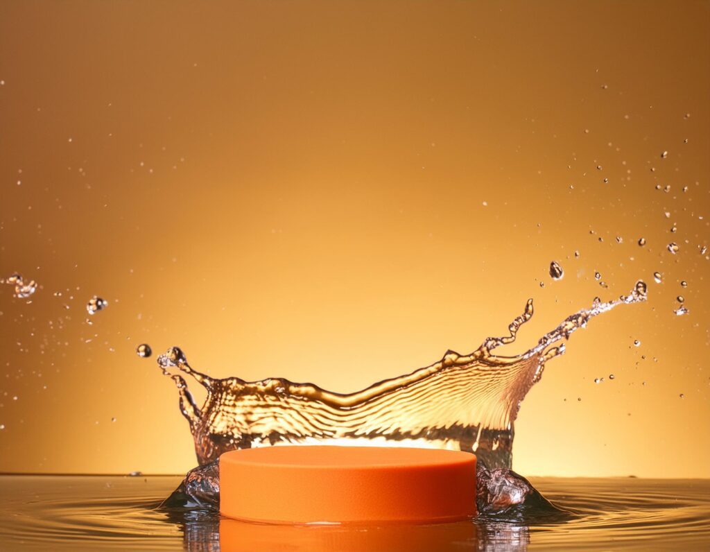 empty orange podium mockup with water splash on a gradient background for product display Stock Free