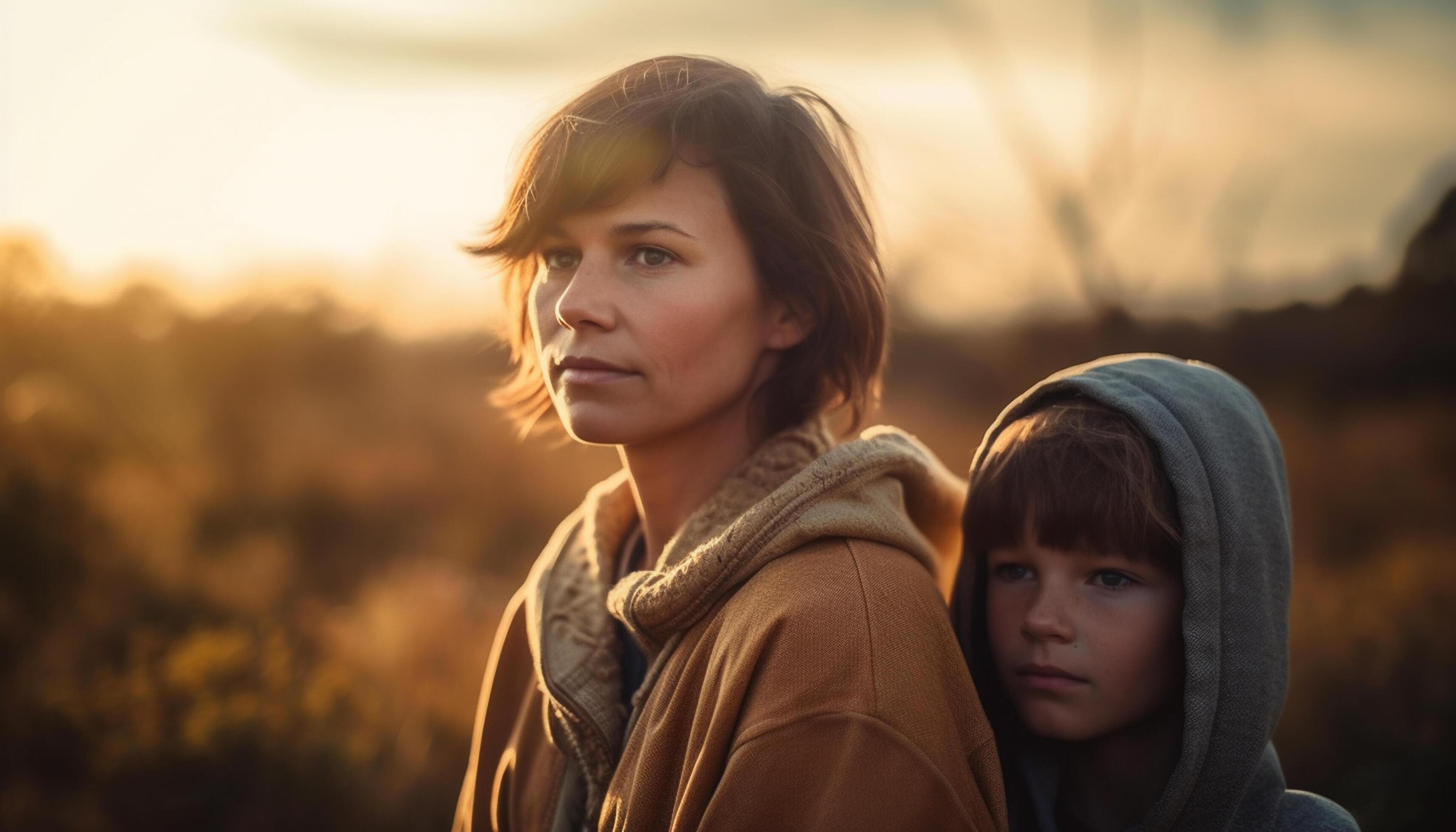 AI generated Two young women smiling, enjoying the sunset outdoors with family generated by AI Stock Free