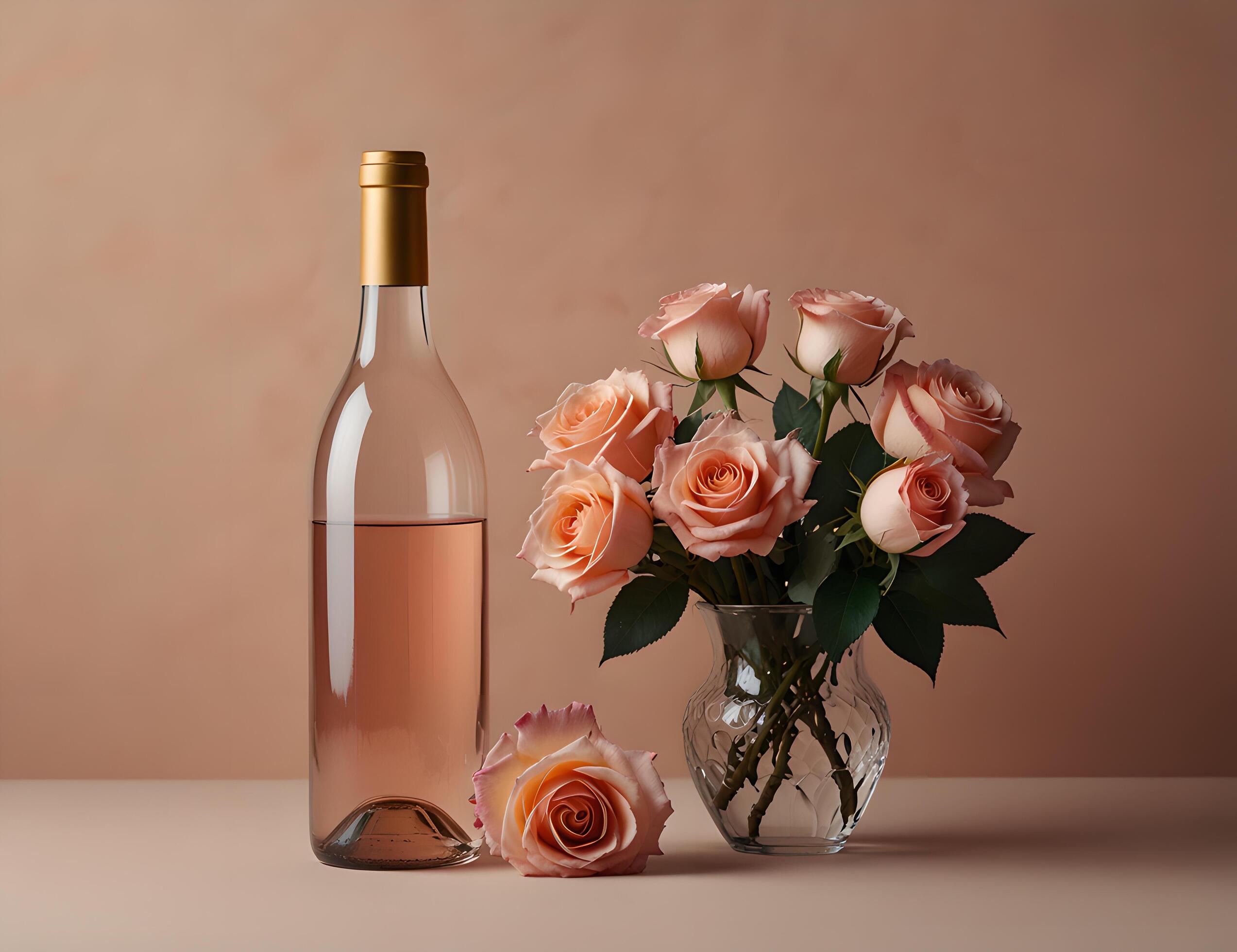 Bottle of wine, glass of wine and vase with roses on peach background. Stock Free