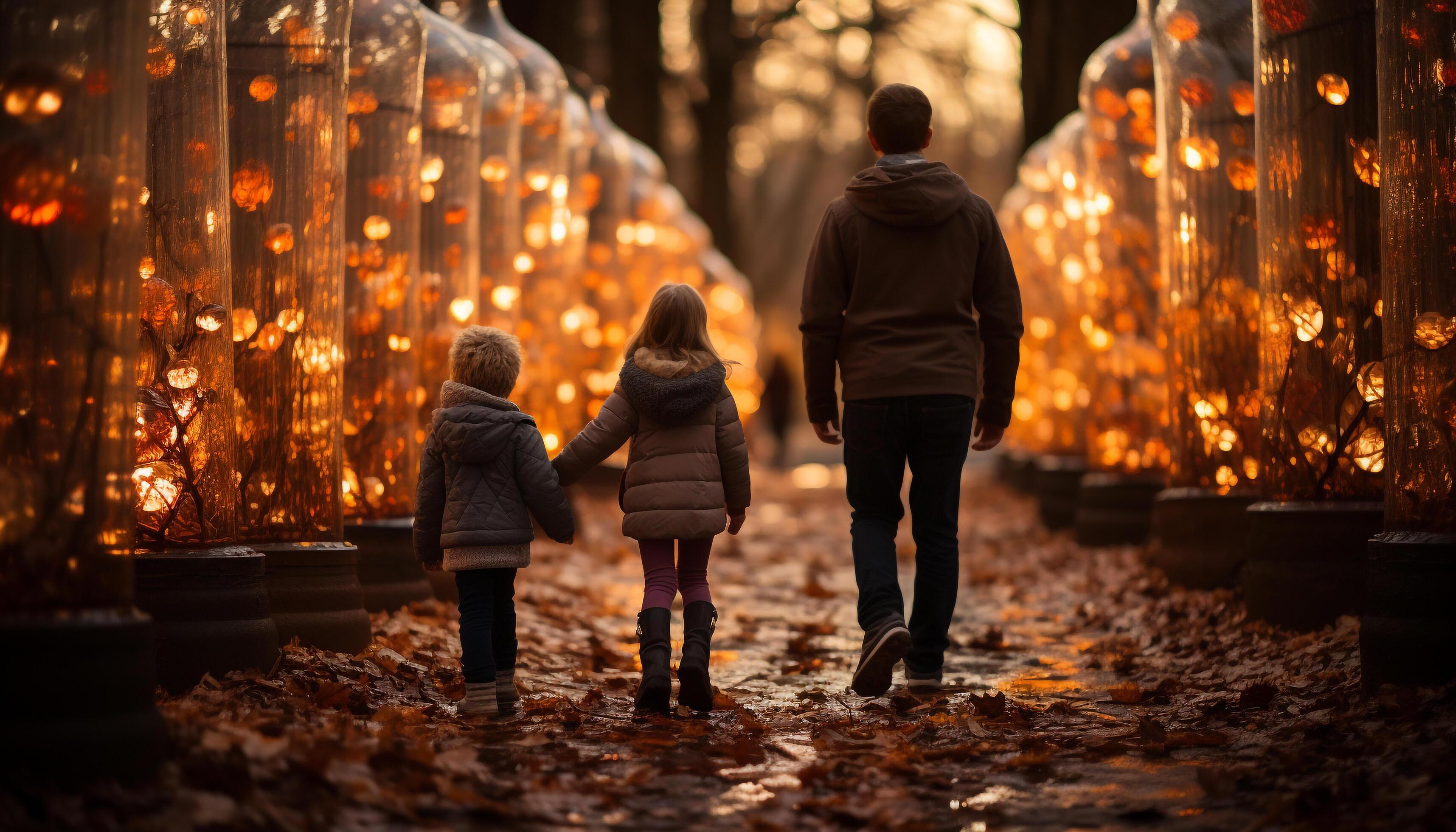 AI generated Family walking in the forest, embracing love generated by AI Stock Free