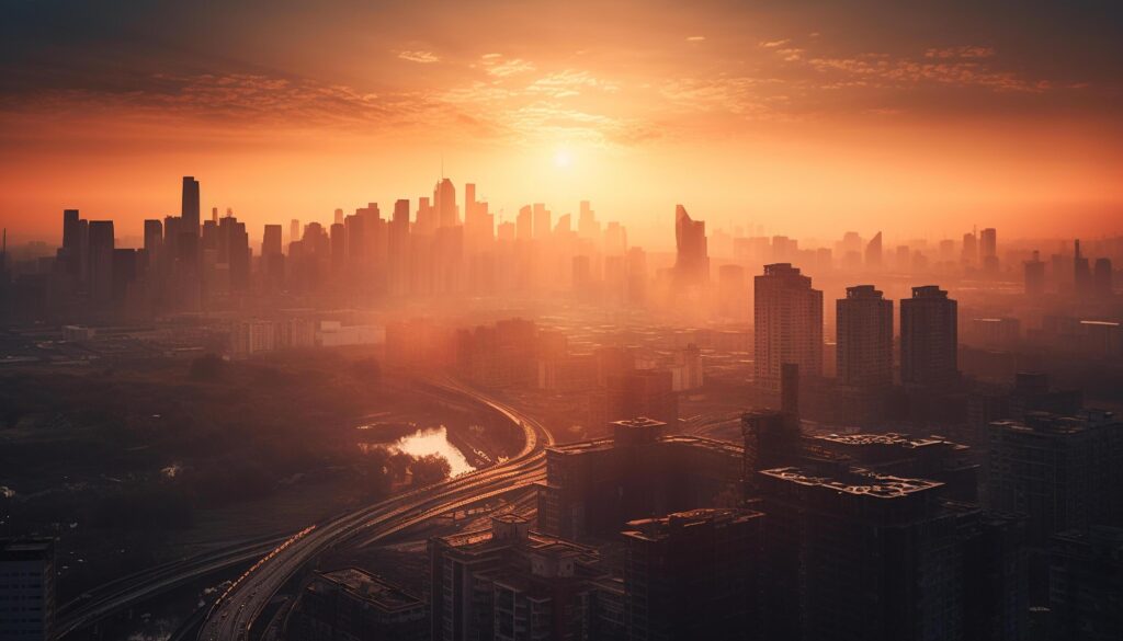 Beijing Glowing Skyscrapers Illuminate the Urban Landscape at Dusk generated by AI Stock Free