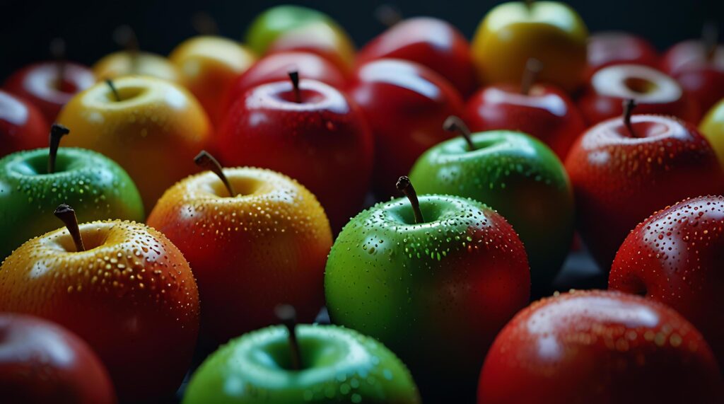 fake plastic apples, synthetically engineered in labs rather than grown from nature’s seeds background illustration. – Stock Free