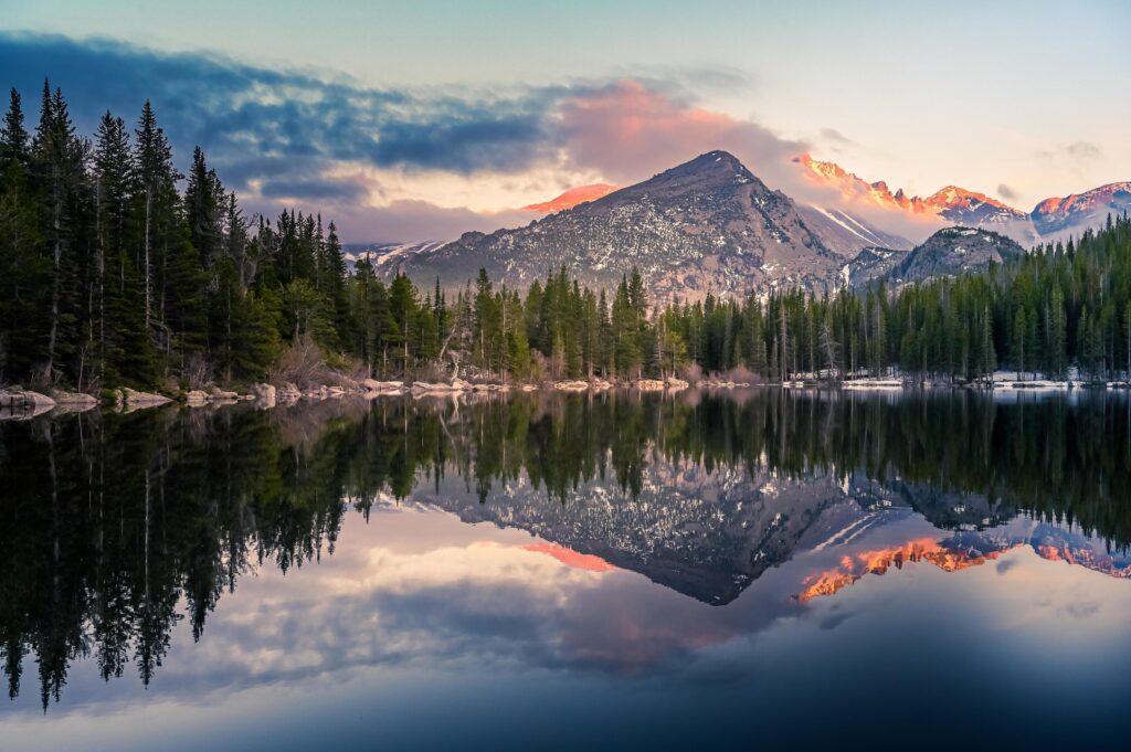 Trees reflecting in clear lake Stock Free