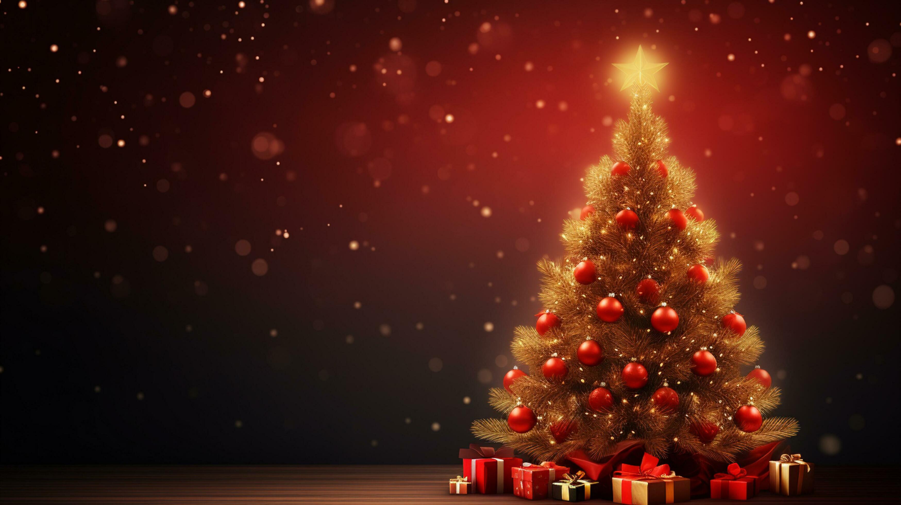 Christmas tree and gift box with decorations, Generative ai. Stock Free