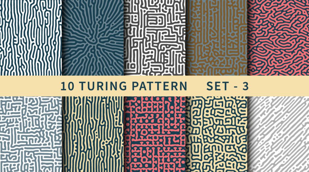 Monochrome reaction diffusion line shapes abstract turing pattern set Free Vector