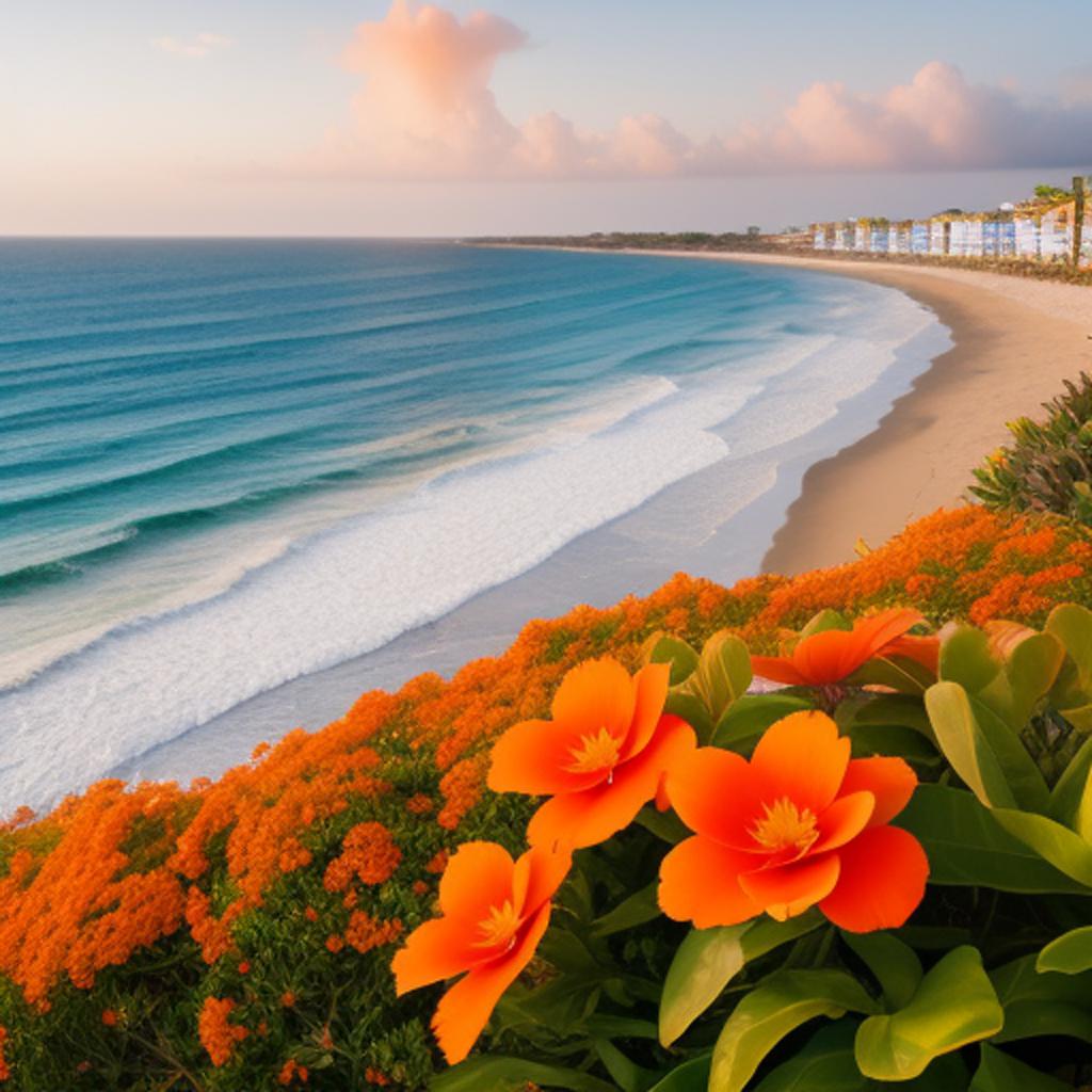 Seaside, mexican, orange flowers, by @ai_generated