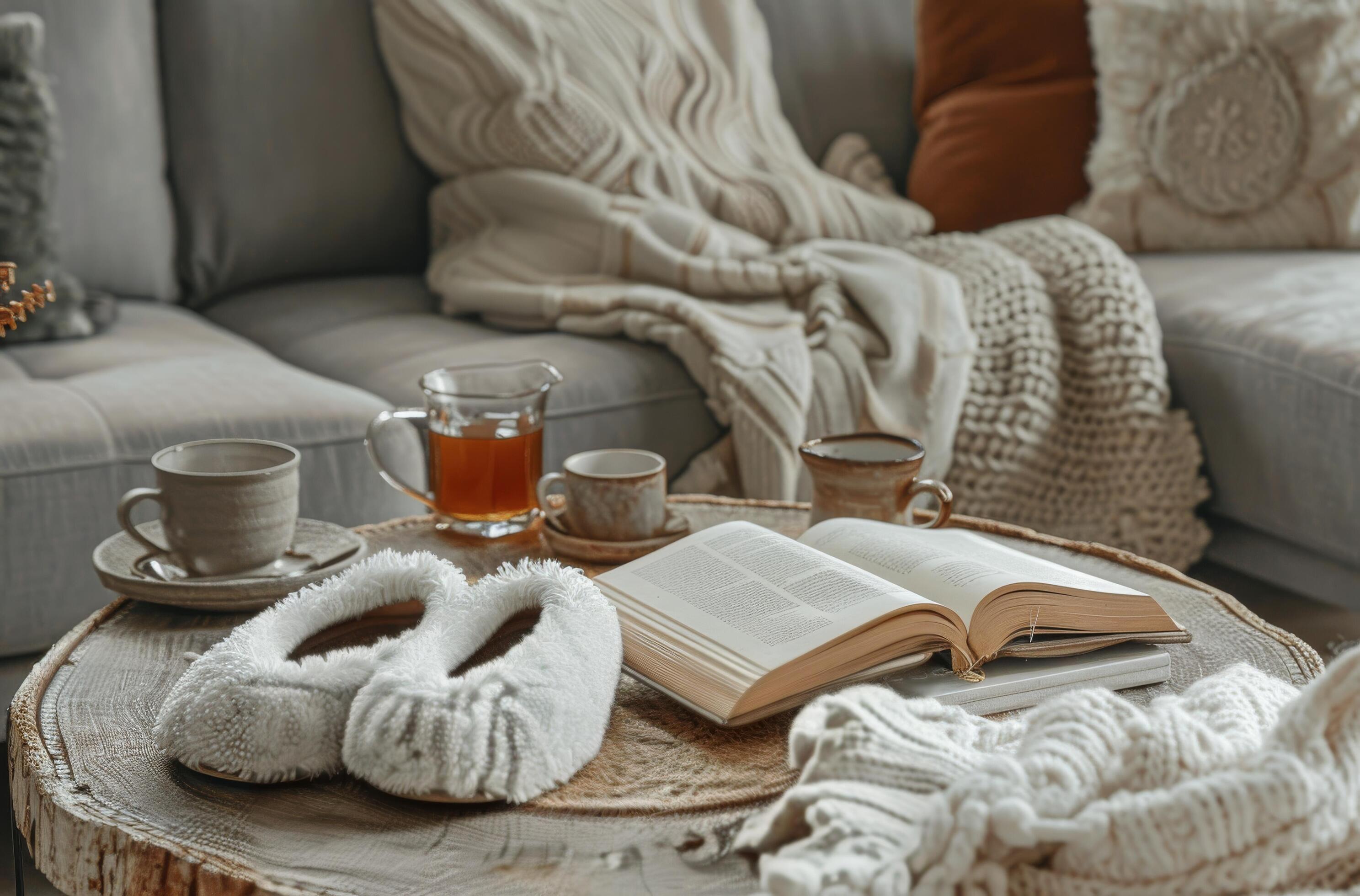 Cozy Living Room With Slippers, Tea, and an Open Book Stock Free