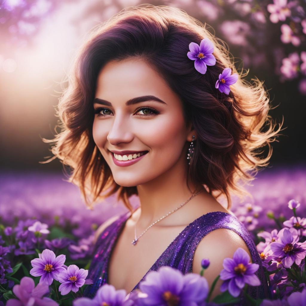 Smiling woman with flowers by @ai_generated