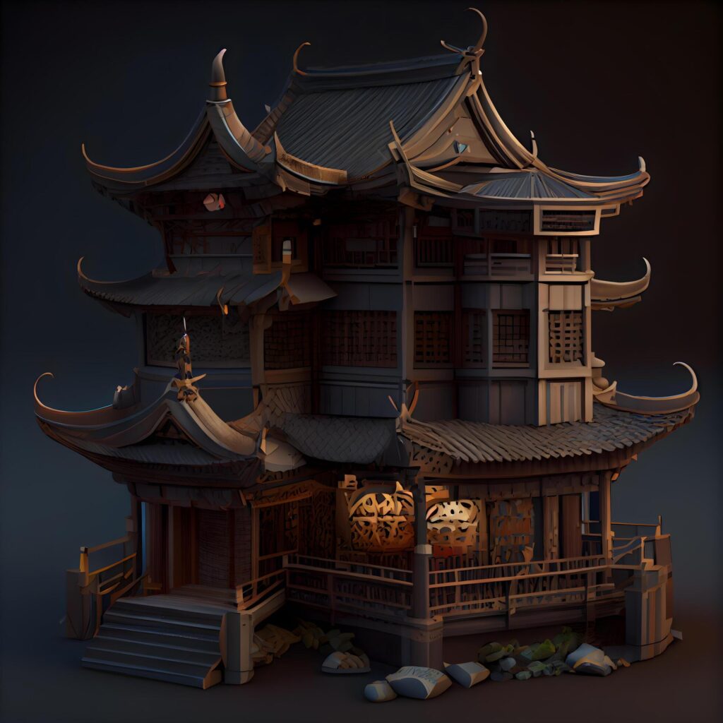 Pagoda in the forest. 3D render. Digital painting., Image Stock Free