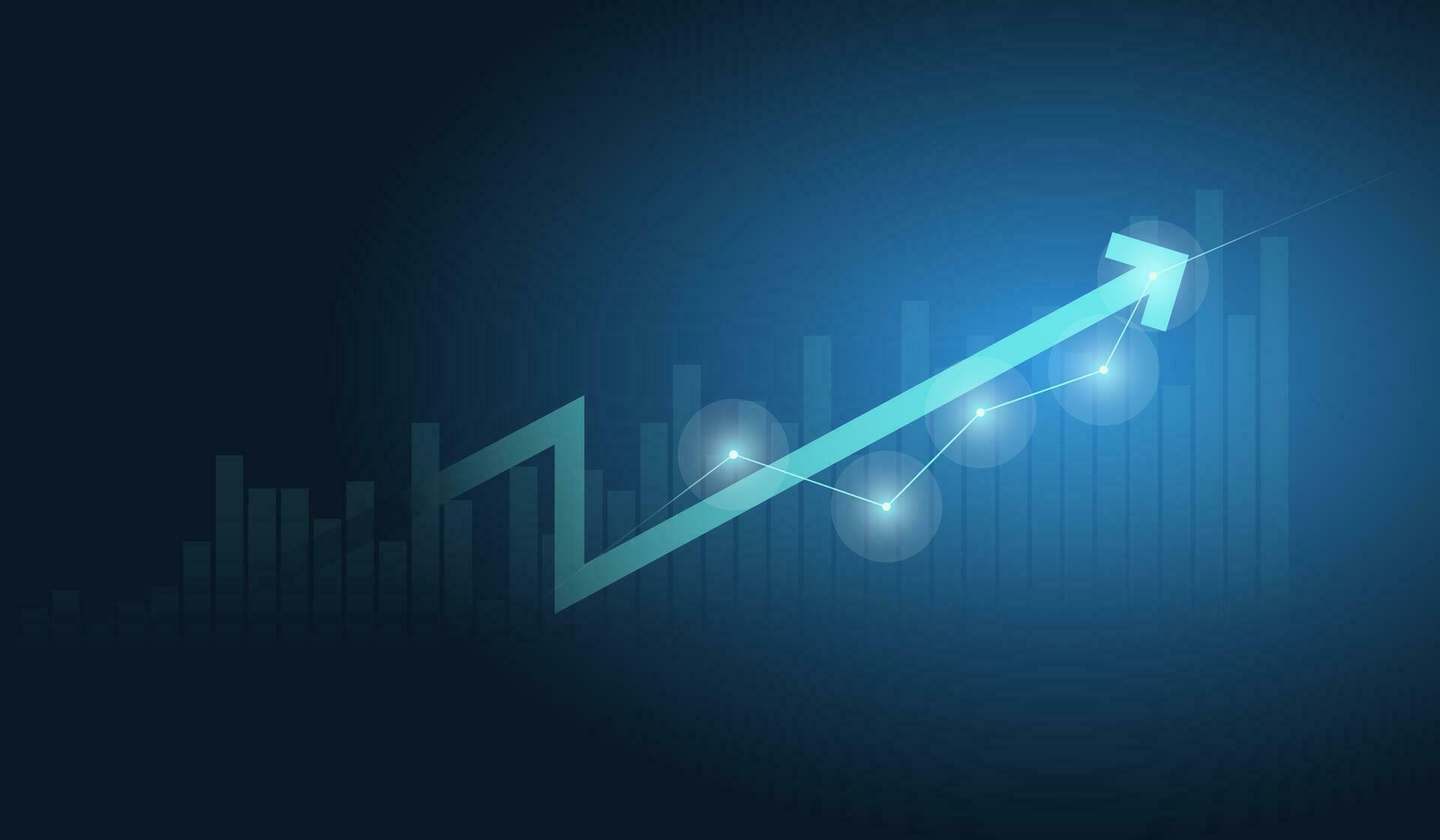 A Financial, Business and chart with moving up arrow graph in stock market on blue color background Stock Free