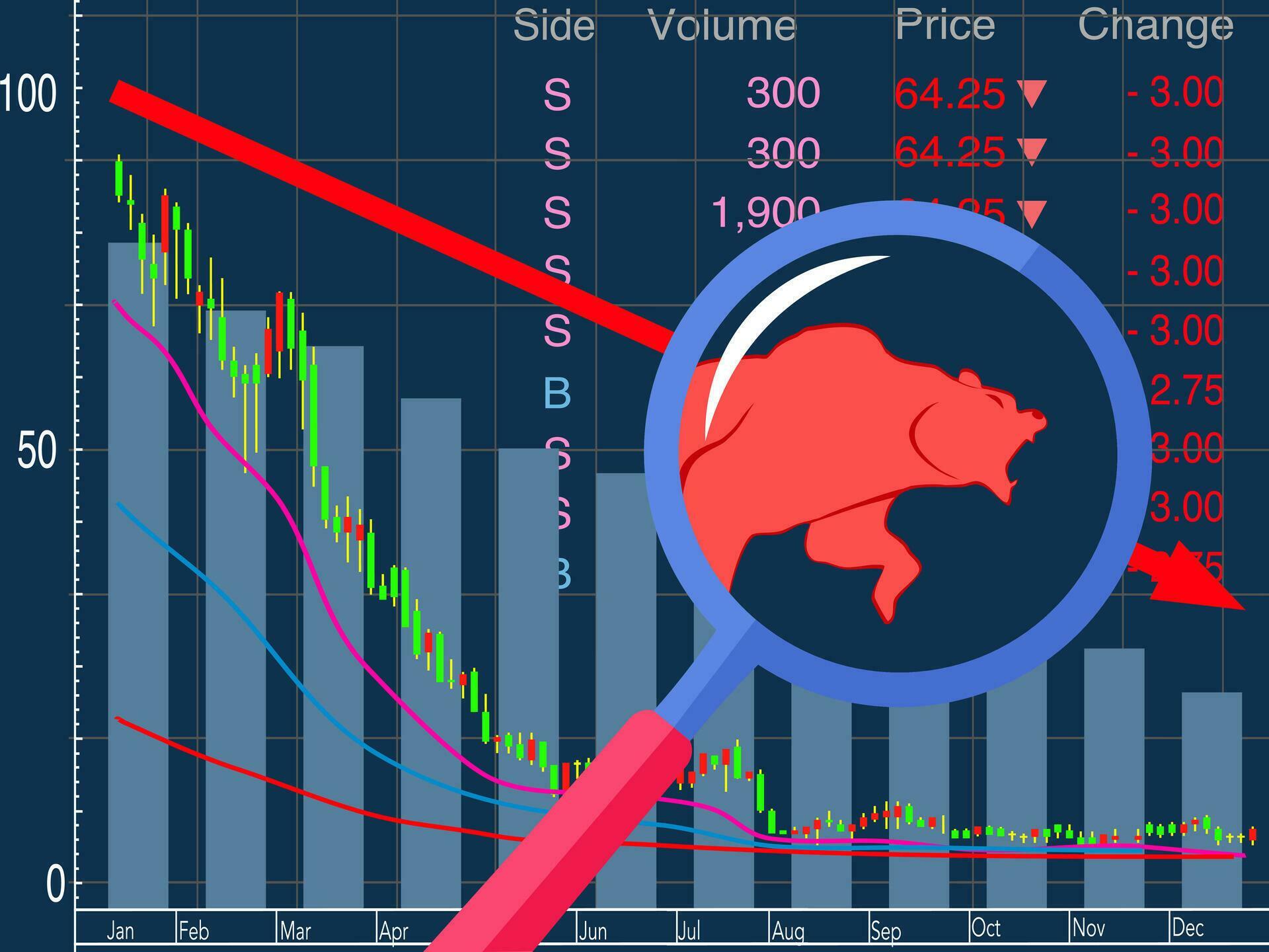 bear market and red arrow downward trend line. bearish market concept Stock Free