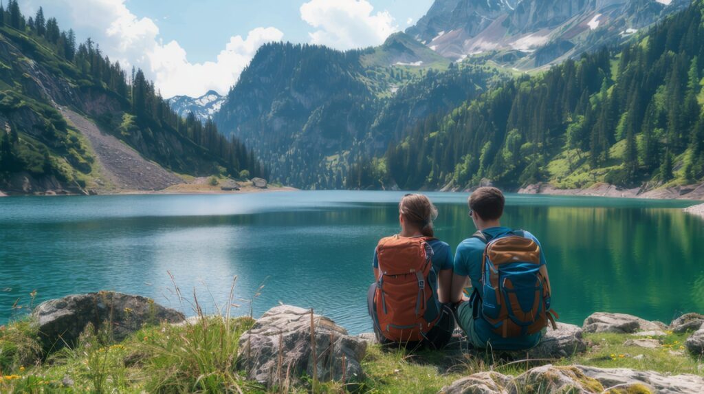 AI generated Traveling couple looking at the lake Stock Free