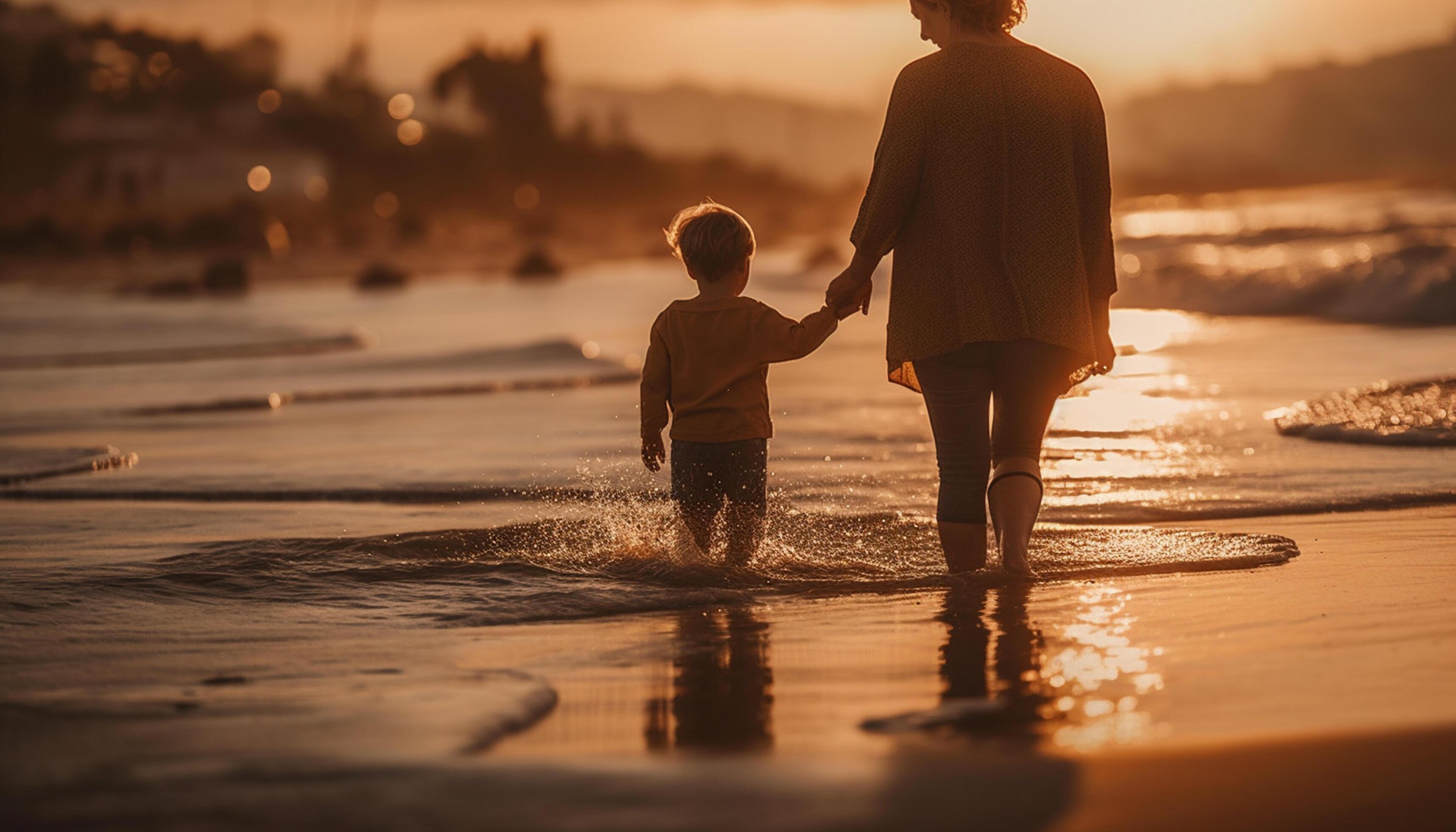 AI generated Family enjoying a sunset walk on the beach, embracing happiness together generated by AI Stock Free