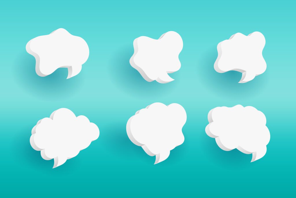 Set of Six 3D speech bubble icons, isolated on orange background. 3D Chat icon set Realistic 3d design. Free Vector