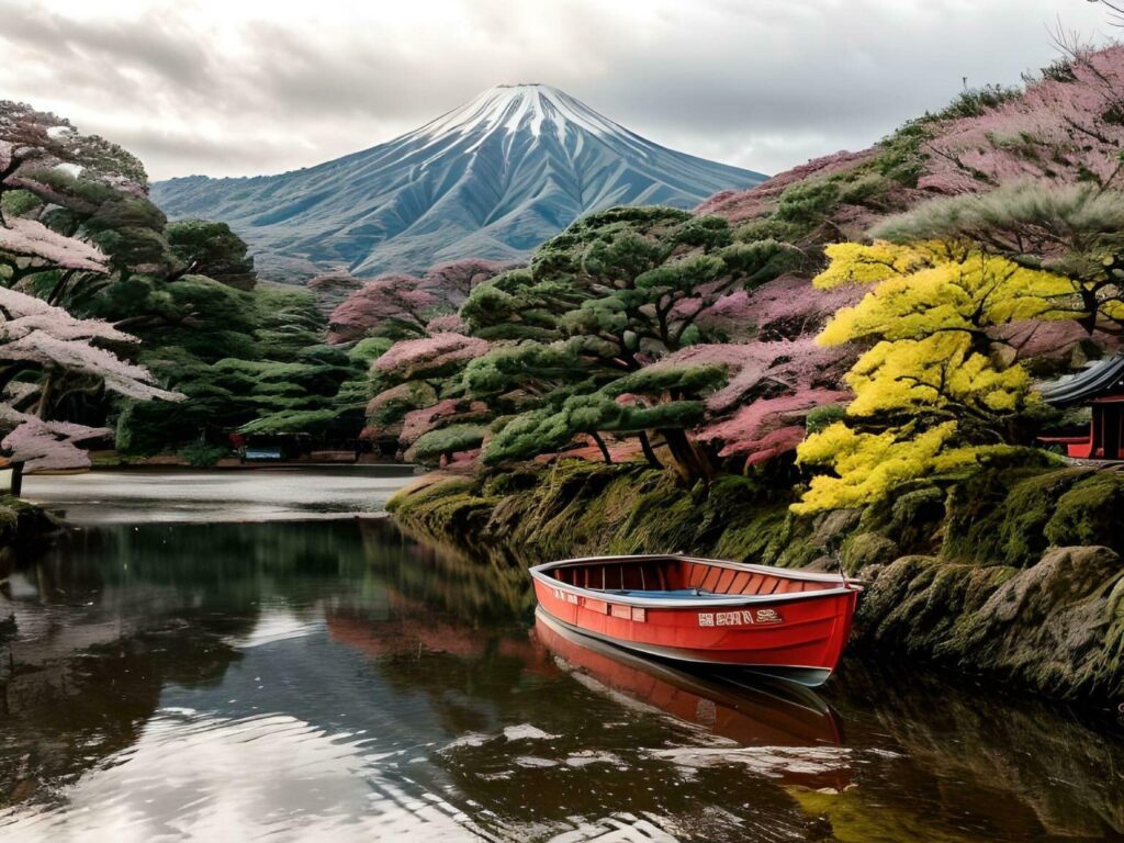 Picturesque Landscape of Mount Fuji with Cherry Blossoms and Boat on The Lake Illustration Free Photo