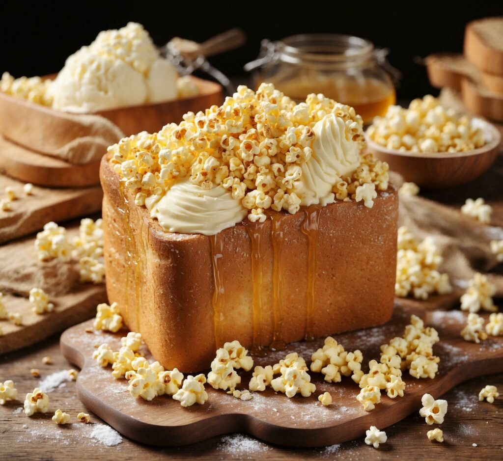 Baked sweet bread with butter and popcorn on a wooden background. Free Photo